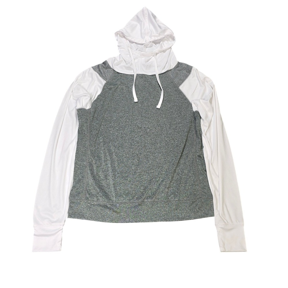 Since 1981  Raglan Hooded Top Women's Size M Gray White Lightweight Long Sleeve